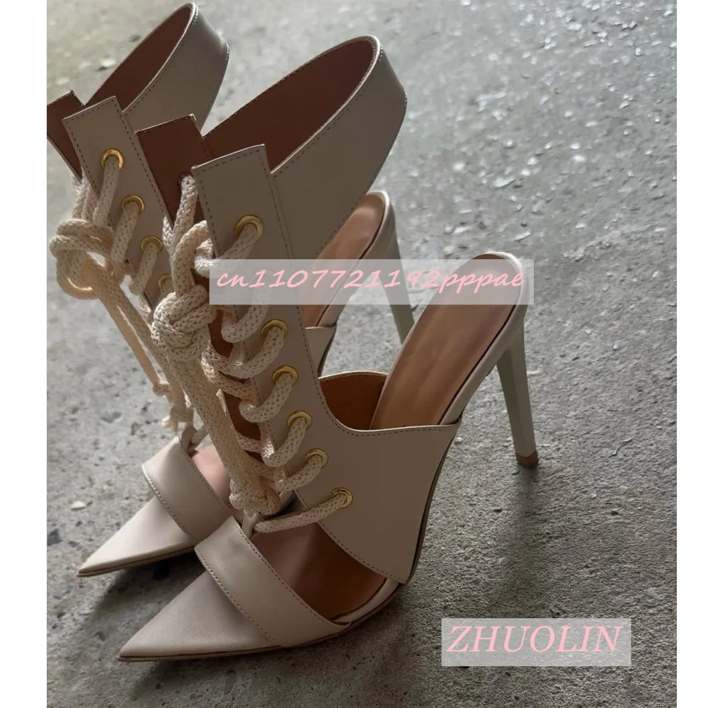 

Apricot Leather Lace Up High Heels With Pointed Toes Slim Heels Sandals Sexy Luxurious Women'S Party Shoes Gladiators Big Size