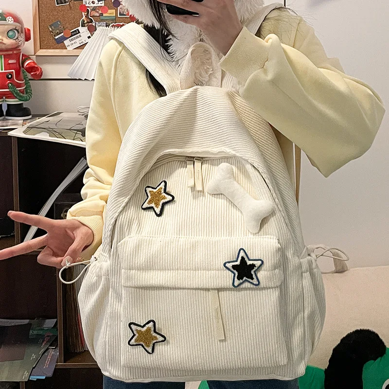 New in Corduroy College Style Backpack for Women Ins Style Large Capacity Cute Bone Pendant Star Hook Loop Daily Commute Bag