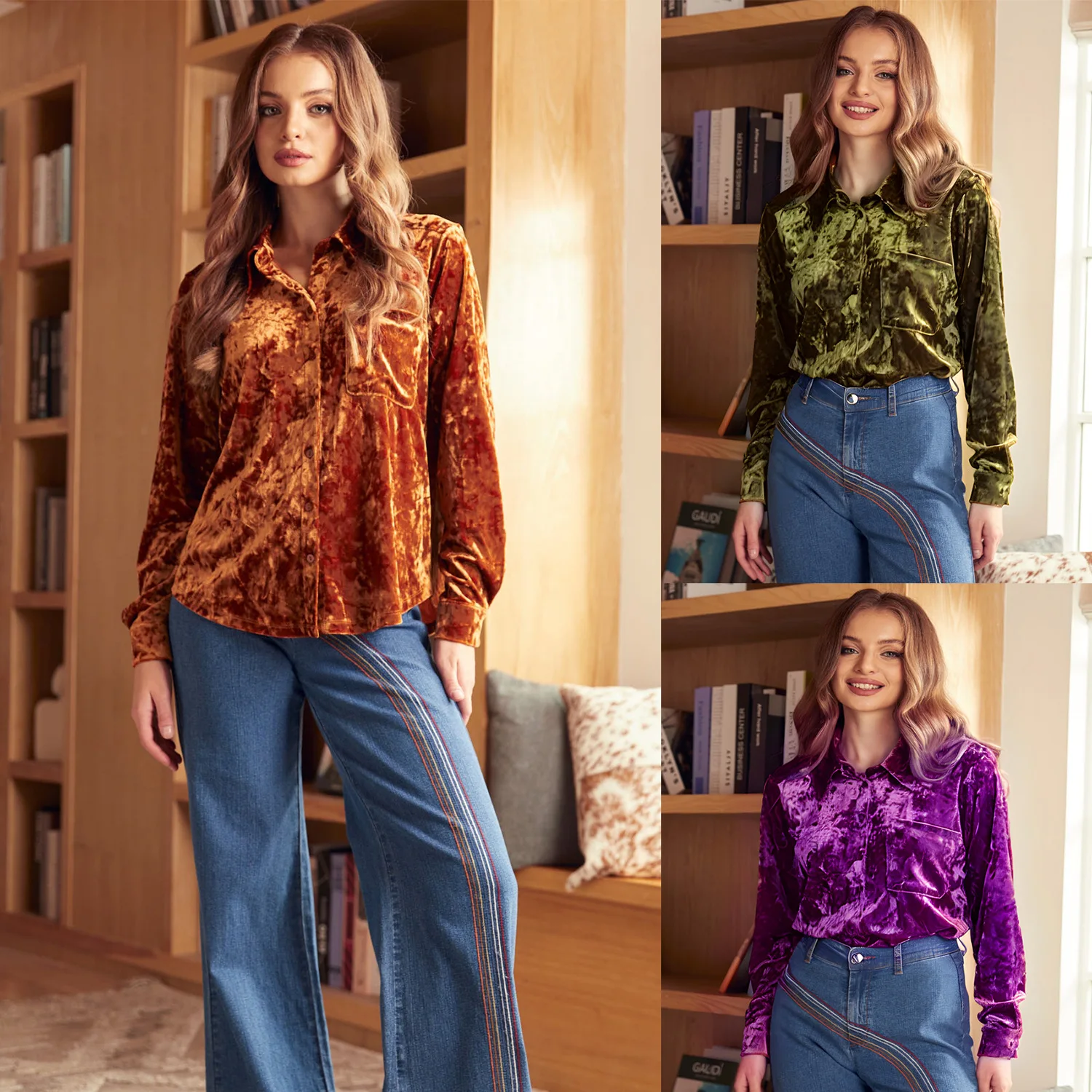 

Women Shirts Velvet Blouses Solid Pocket Long Sleeves Turn Down Collar Single Breasted Streetwear Loose Y2k 2025 Autumn Winter