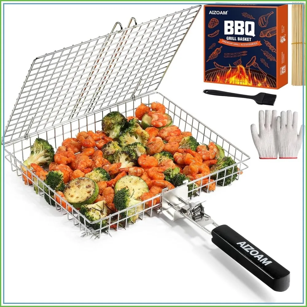 

Stainless Steel Large Grill Basket with Removable Handle, Portable Fish Grilling Rack for BBQ Meat Vegetables