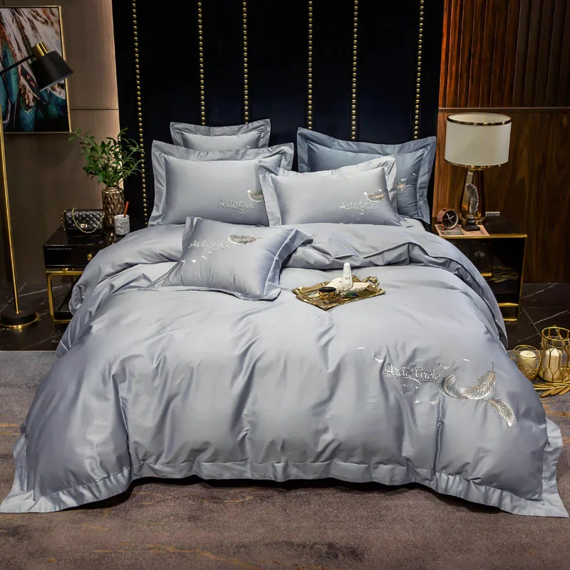 Long-staple Cotton Embroidery Plain Color Four-piece Bed Linen  Four Seasons Universal Light Luxury Style Bedding Peacock Gray