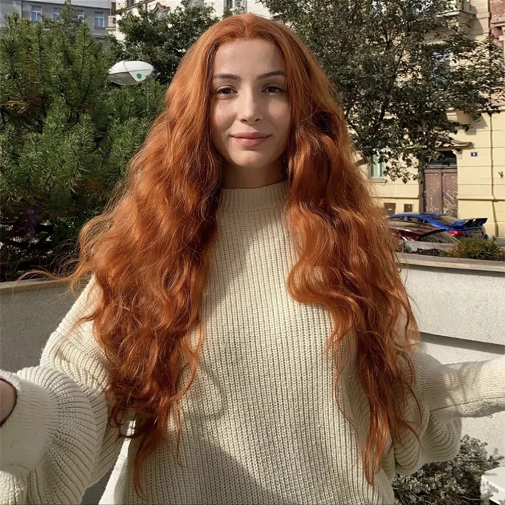 Ginger Orange Wig Long Natural Wave Wig Synthetic Lace Wig Loose Curl Wig Ginger Wig Lace Front Wigs for Women Daily Use Cosplay