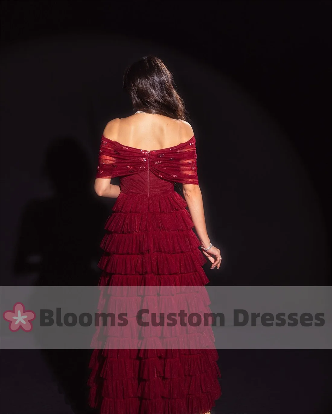 Blooms Customized Burgundy Off Shoulder Sequined Beads Evening Dresses Tiered Tulle Prom Dress Long Formal Occasion Gown