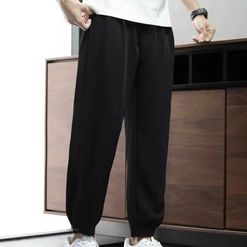 Summer Men's 2024 New Spliced Button Zipper Pocket Fashion Solid Color Loose Folds Comfortable and Versatile Strap Suit Pants