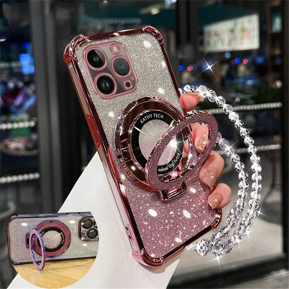 Glitter Crystal Bracelet Phone Holder Case For iPhone 16 15 14 13 12 11 Pro Max XS X XR 7 8 Plus SE2020 Bracket Shockproof Cover