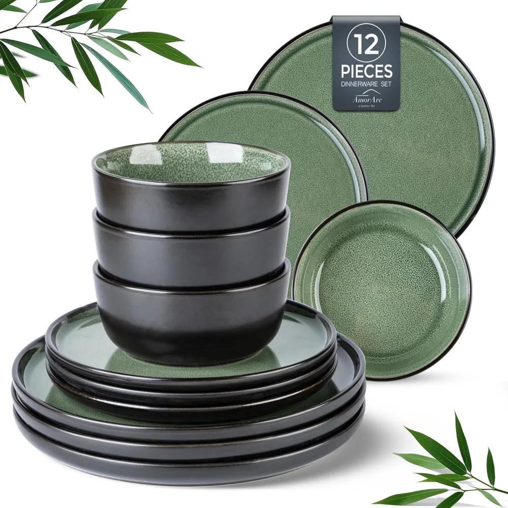 

Durable Stoneware Dinnerware Set: Reactive Glaze Round Plates and Bowls, Resistant to Chips and Cracks, Suitable for Dishwasher