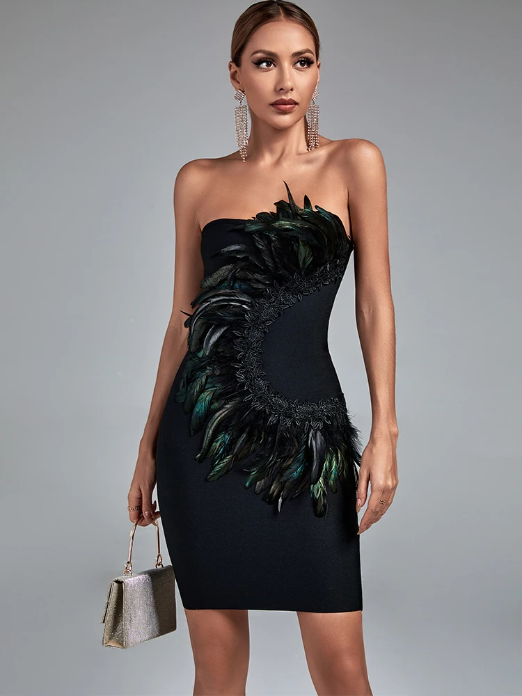 Vestido ajustado de encaje de plumas para mujer, traje verde elegante y Sexy sin tirantes para fiesta de noche y Club de cumpleaños, novedad de verano 2022