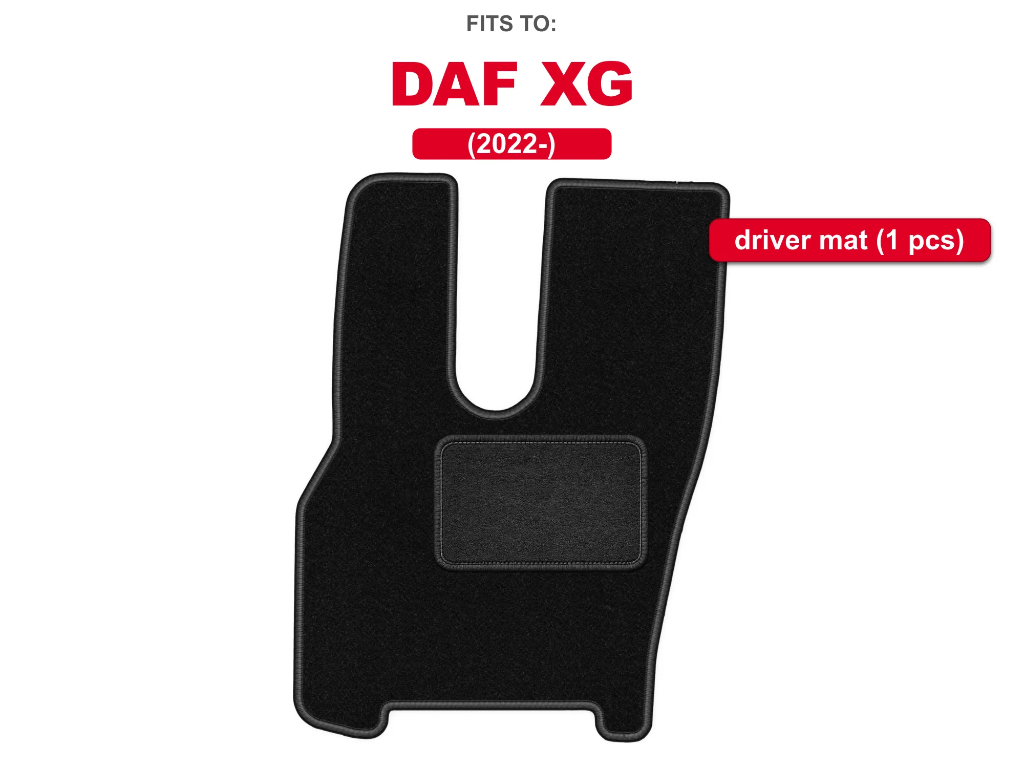 Zwarte velours bestuurdersvloermat voor: DAF XG 2022-heden, auto-voetruimtemat, 1 stuk, op maat gemaakt voor de bestuurderszijde