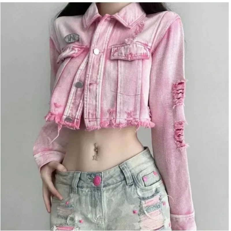 

Y2k Spring Hottie Pink Washing Hole Cowboy Short Coat Loose Fashion Jacket Ins Tops Single Row Buckle Lapel Collar Grunge