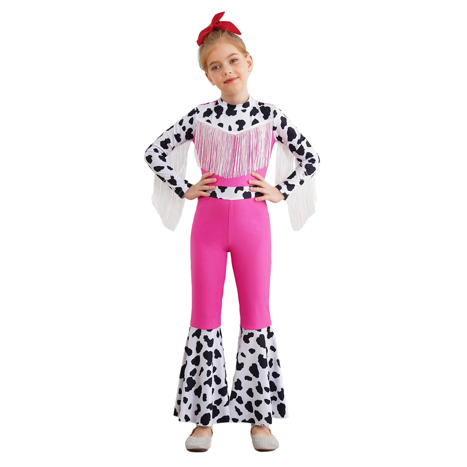 

Movie Western Cowboy Cowgirl Role Play Costume Long Sleeve Bodysuit Fringe Cow Print Flared Jumpsuit Halloween Costume