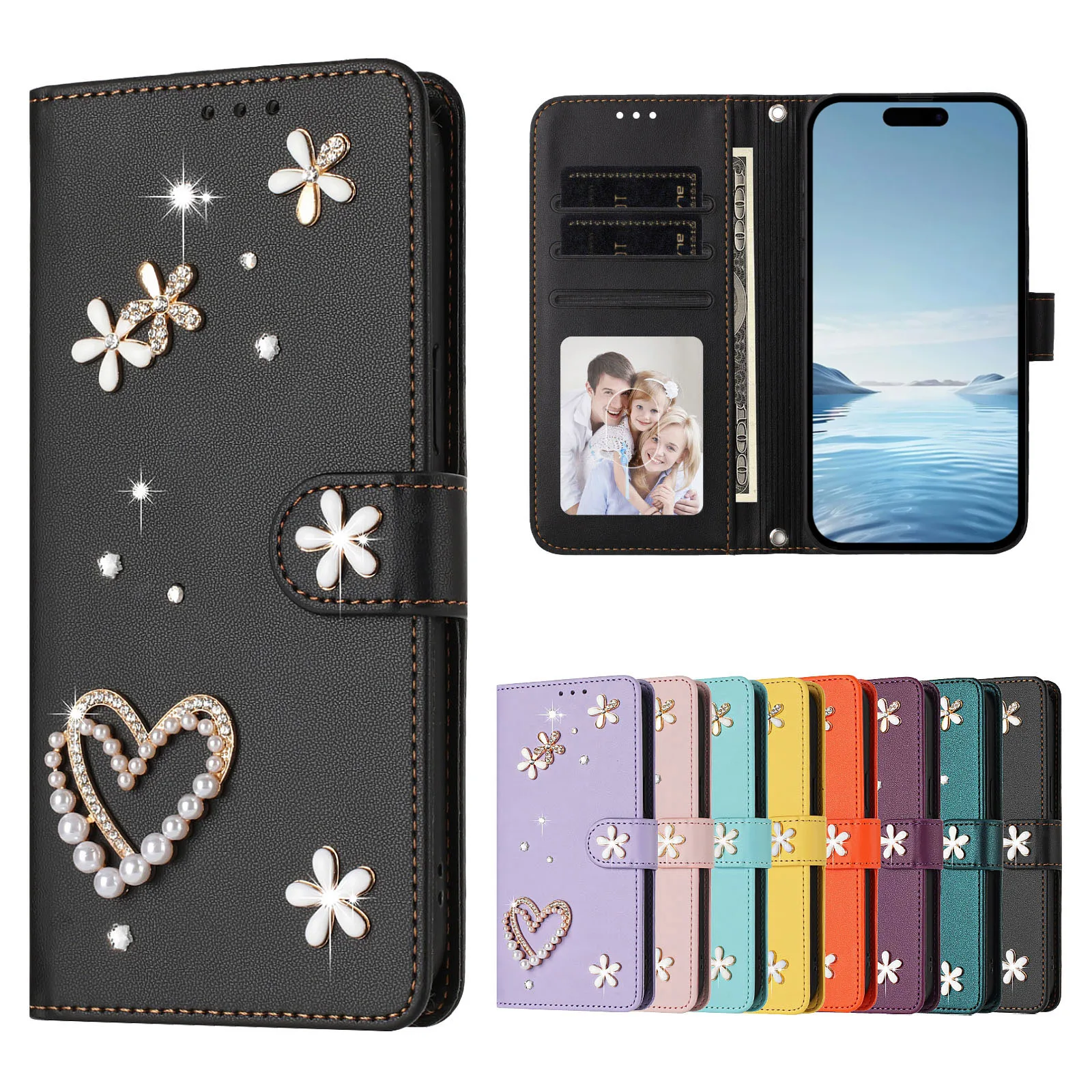 Кожаный чехол-кошелек с бриллиантовыми вставками и ремешком для Oukitel C53 C51 C50 C38 C37 C35 C32 C5 C3 C2 2025 C1, на 3 карты