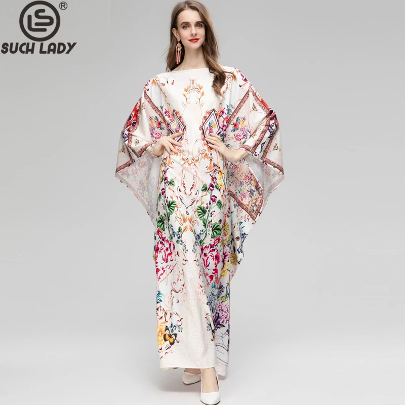 

Women's Runway Dress Slash Neckline Batwing Sleeves Printed High Street Fashion Long Robes