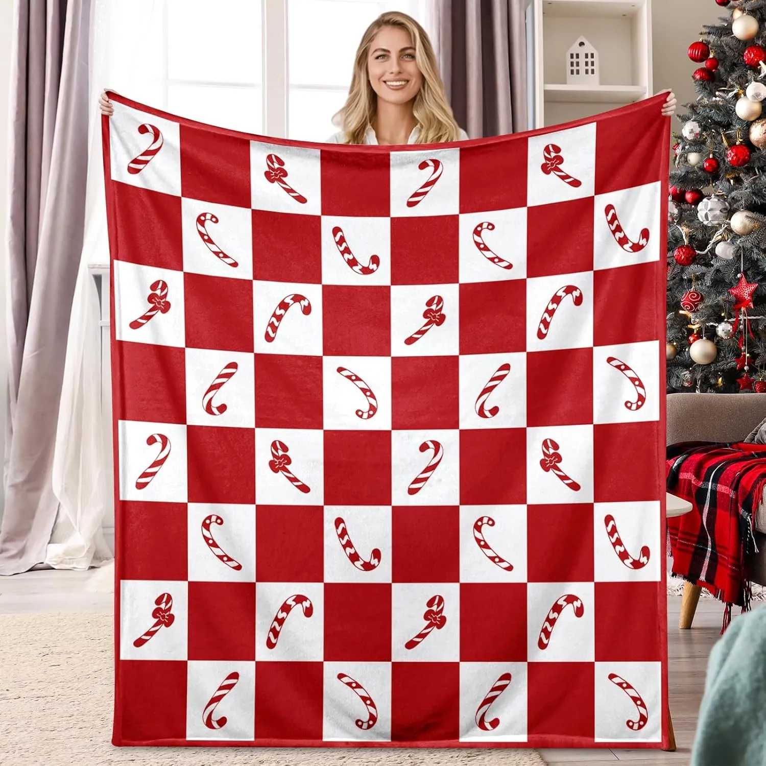 Red and White Plaid Pattern Candy Cane Christmas Throw Blanket Christmas Secret Santa Gift 50