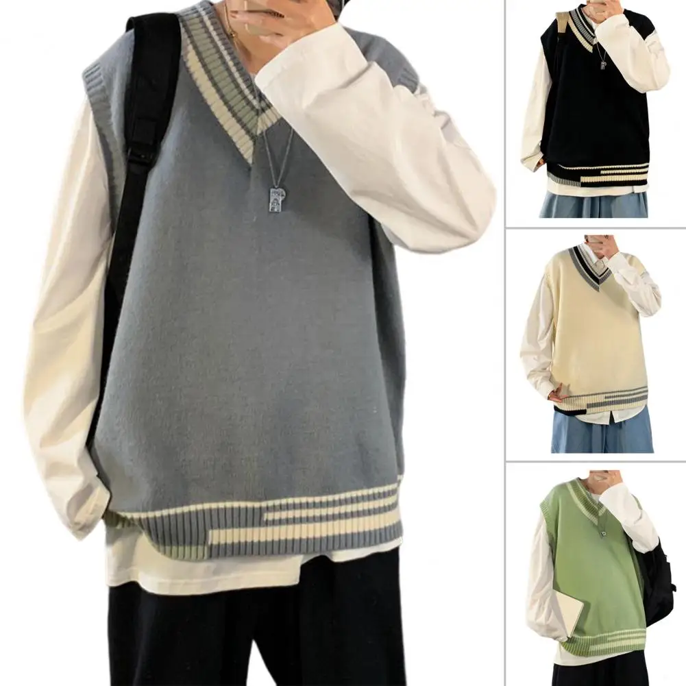 

Oversize Sweater Vests Men Patchwork Couple Soft Knitwear Pullover Stripe Sleeveless Loose V Neck Men Autumn Sweater for School