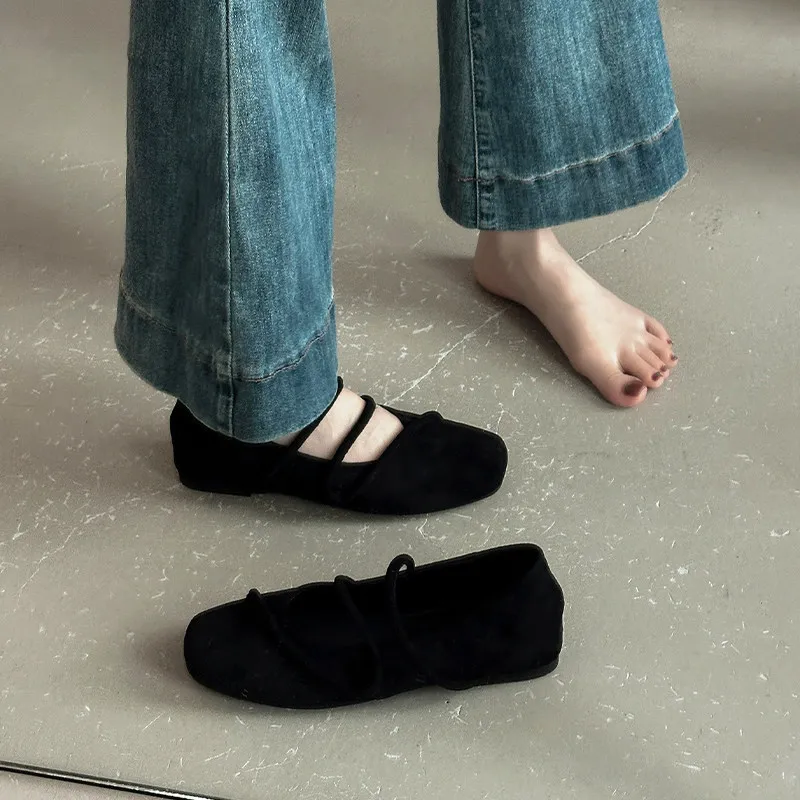 Women Double Strap Mary Janes Shoes Square Toe Suede Slip On Shoes Vintage Soft Sole Daily Internal Elevation Shoes