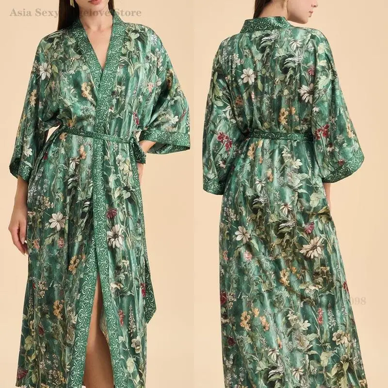 

Новый длинный халат с цветочным принтом, кимоно, халат, весна-лето, шелковое атласное домашнее платье, женская одежда для сна, свободная ночная рубашка, одежда для дома