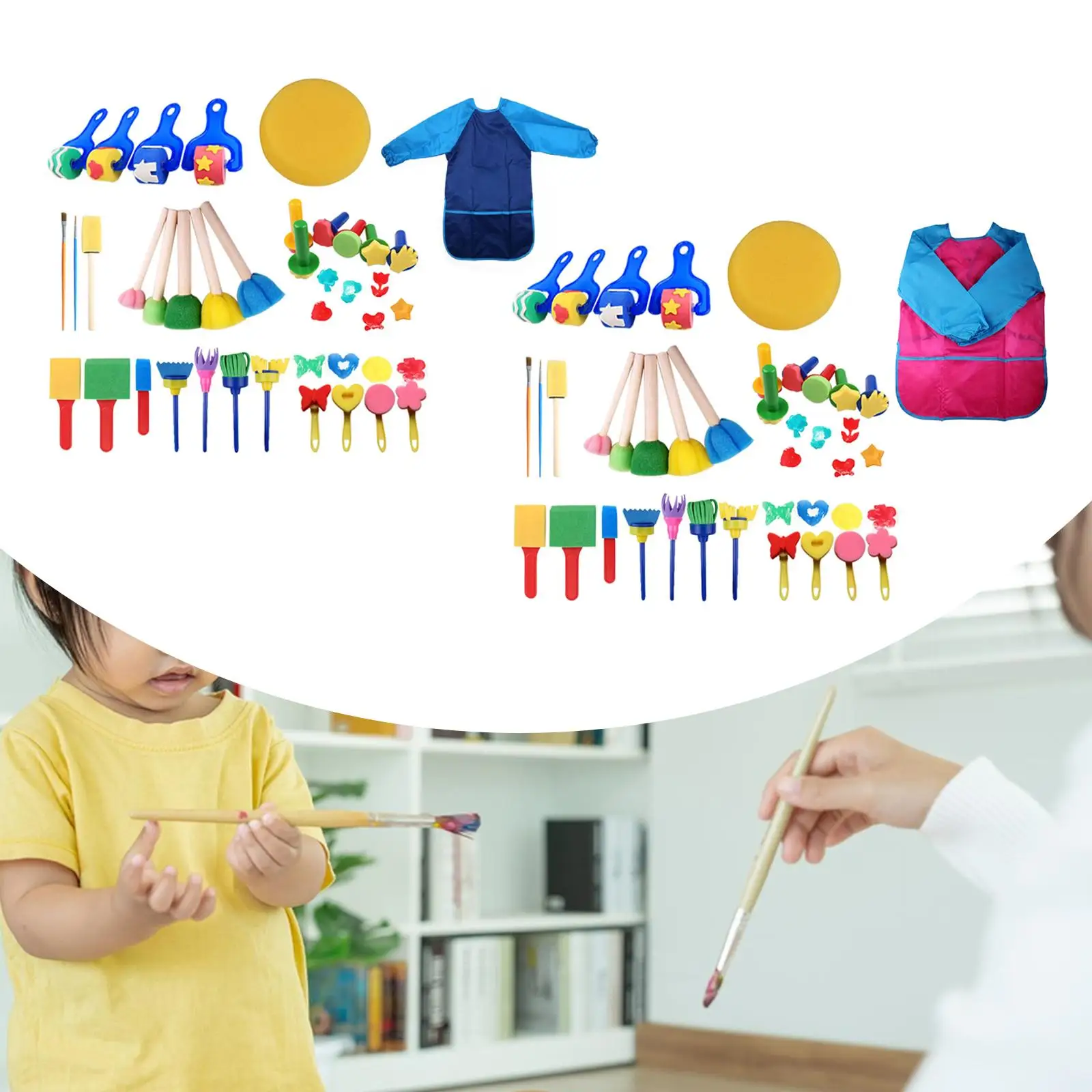 Spugne e pennelli per pittura per bambini con materiali artistici e grembiule