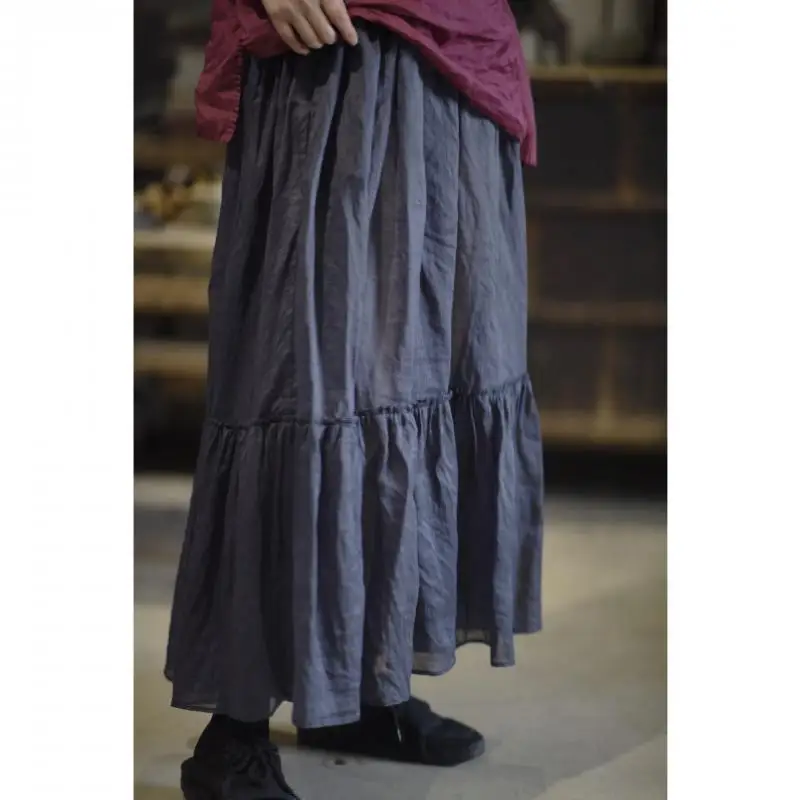 New Arrival Spring Summer Arts Style Women Elastic Waist Loose A-line Skirts All-matched Casual Patchwork Ramie Long Skirt SN23