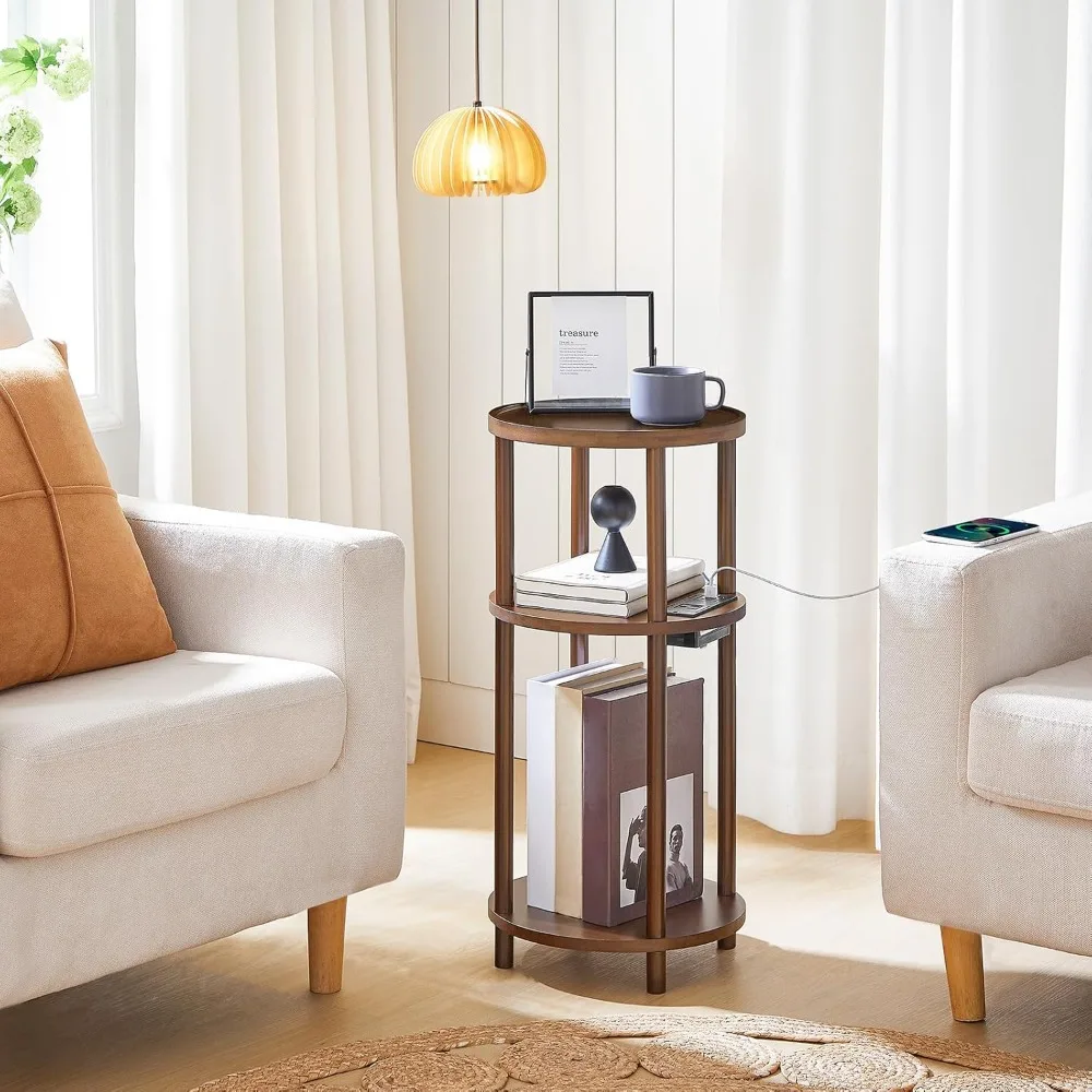 HOOBRO Lot de 2 petites tables d'appoint rondes avec station de recharge, tables d'appoint rondes en bambou à 3 niveaux, tables de chevet compactes pour canapé, faciles