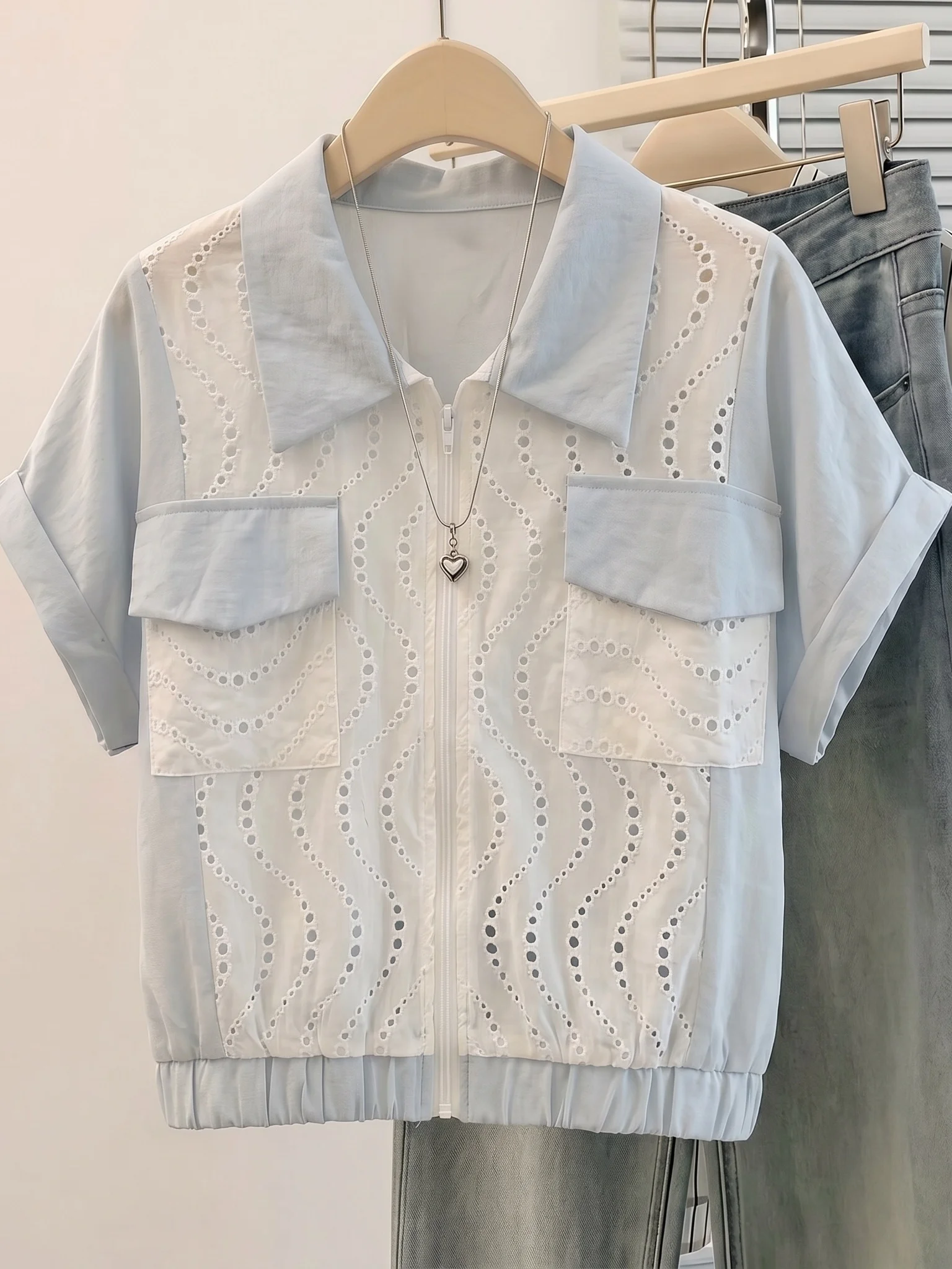 

Slimming Light Blue Hollow out Short Sleeve Women's Shirt Korean Style Commute Fashion plus Size Summer New Arrival Top