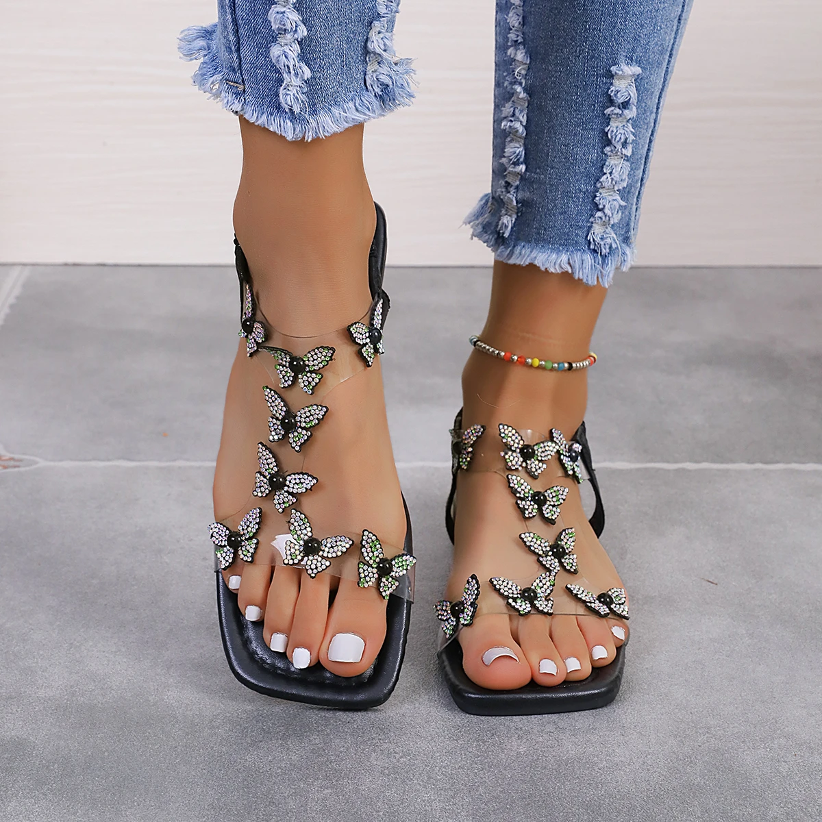 

New Women Flat Sandals Summer Transparent Butterfly with Sandals Square Toe Fashion Shoes for Women Elegant Dress Sandals Women