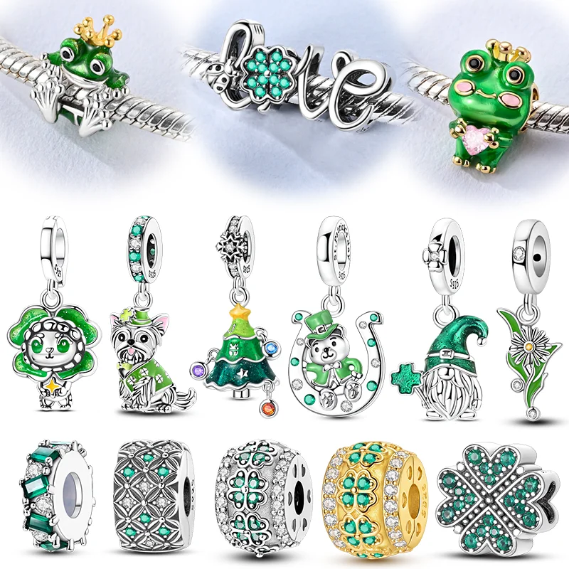 

Новые бусины из стерлингового серебра 925, зеленая собака, лягушка, четырехлистный клевер, дерево, кулон для оригинального браслета, ожерелья, женские подарки «сделай сам»