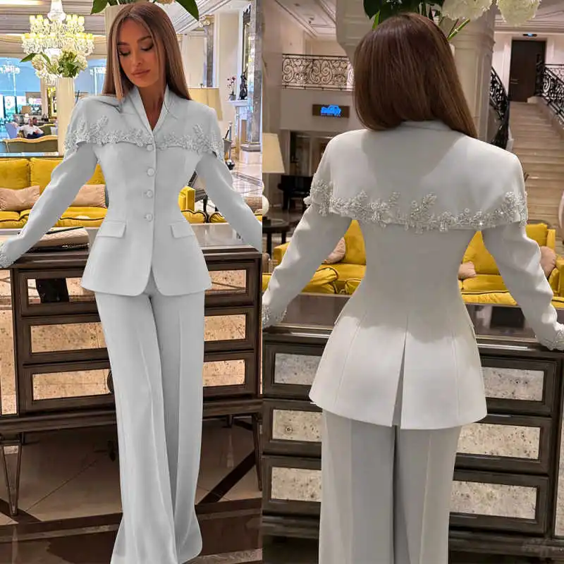 Charming Women Suits 2 Pieces Jacket Pants Single Breasted With Shawl Crystal Beads Jacket Banquet Party Street Customized