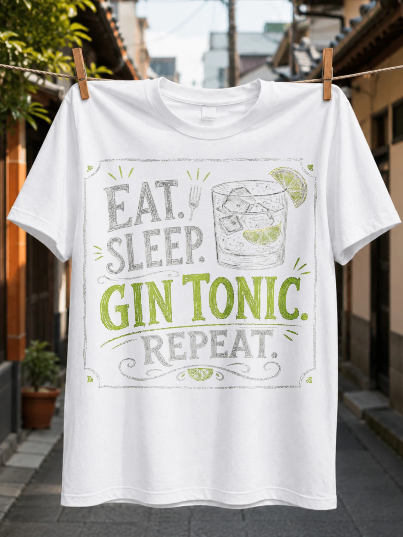 Eat Sp Gin Tonic Repeat lettering with chalkboard glass sketch lime and hand drawn vintage style  Unisex All T-Shirt