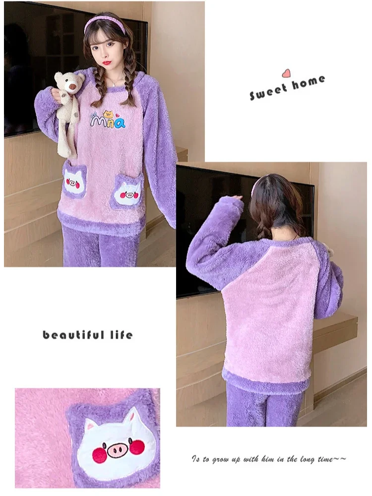 Женские зимние пижамы больших размеров 100 кг, пуловер из кораллового флиса с милым рисунком, брюки, мягкая фланелевая домашняя одежда, которую можно носить на улице