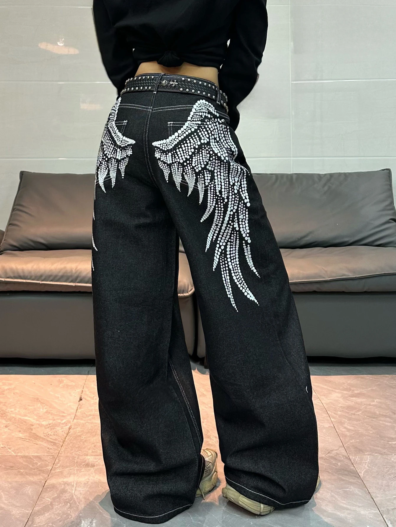 1 Pc American Retro Wing Print Loose Jeans, Street Trend Fashionable And Versatile Black Wide Leg Pants For Women