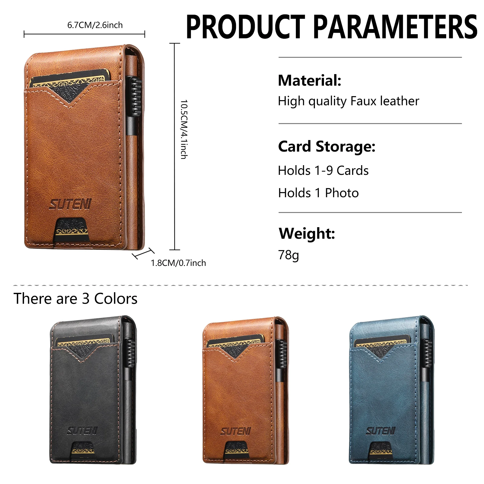 محفظة من الجلد الصناعي من SUTENI للرجال، محفظة بفتحة للبطاقات، غطاء قلاب، صندوق بطاقات، اضغط على الزر تلقائيًا، يخرج البطاقة #3