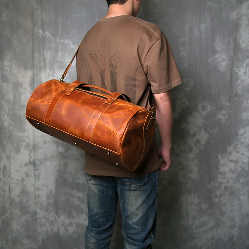 

Retro Men's Travel Bag Handcrafted Genuine Leather Large Capacity Travel Tote Top Grain Cowhide Single Shoulder Crossbody Bag