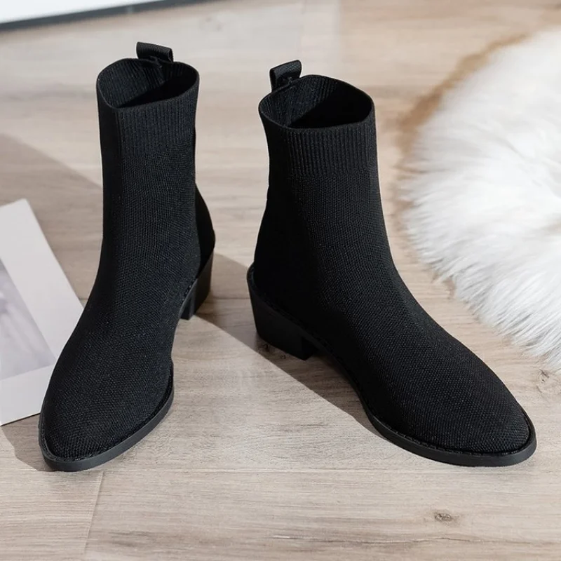 2023 New Knit Fabric Booties Women Spring Autumn Breathable Stretchy Knit Ankle Boots High Heels Boots Slip on Ladies Shoes