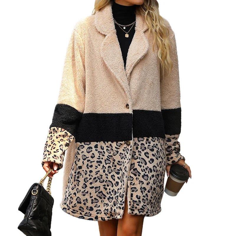 2022 Autumn and Winter New Fashion Stitching Leopard Print Long Coat Women\'s Warm Coat пальто женское