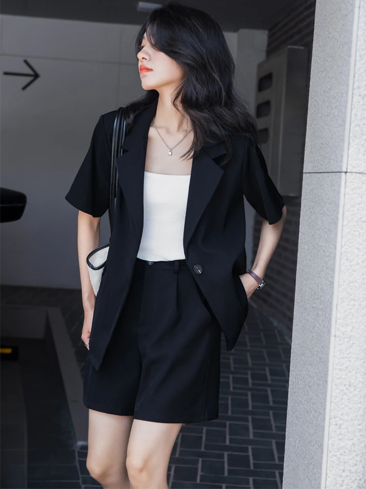 

ort Sve Suit Jaet ey Casual Versatile Set Women's High-End Bla Two-Piece Suit ort Pants Ensemble for Petite Women