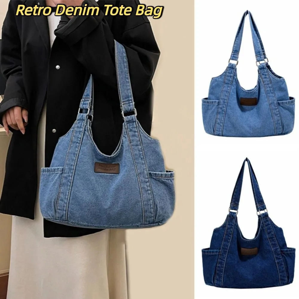 

Fashion Korean Style Denim Shoulder Bag Retro Solid Color Underarm Packs Large Capacity PU Leather Canvas Tote Bag Women