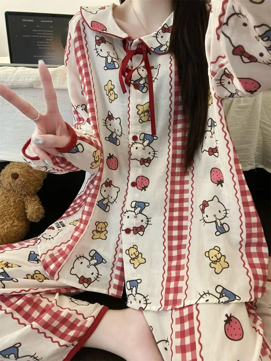 

Hello Kitty Women's Cute Cartoon Strawberry Checkered Pajama Set Fall Autumn Long Sleeve Pants OutdoorReady Sleepwear Loungewear