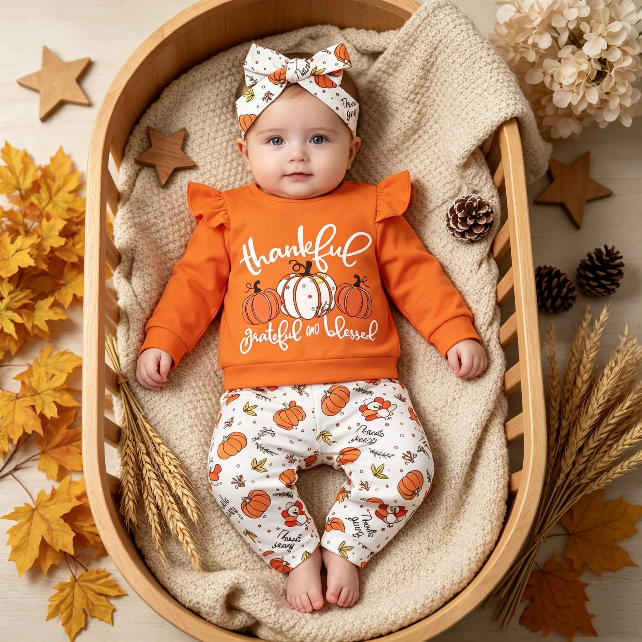 Girls Thanksgiving Pumpkin Print Three-Piece Set Cute Baby Outfit for Thanksgiving Day
