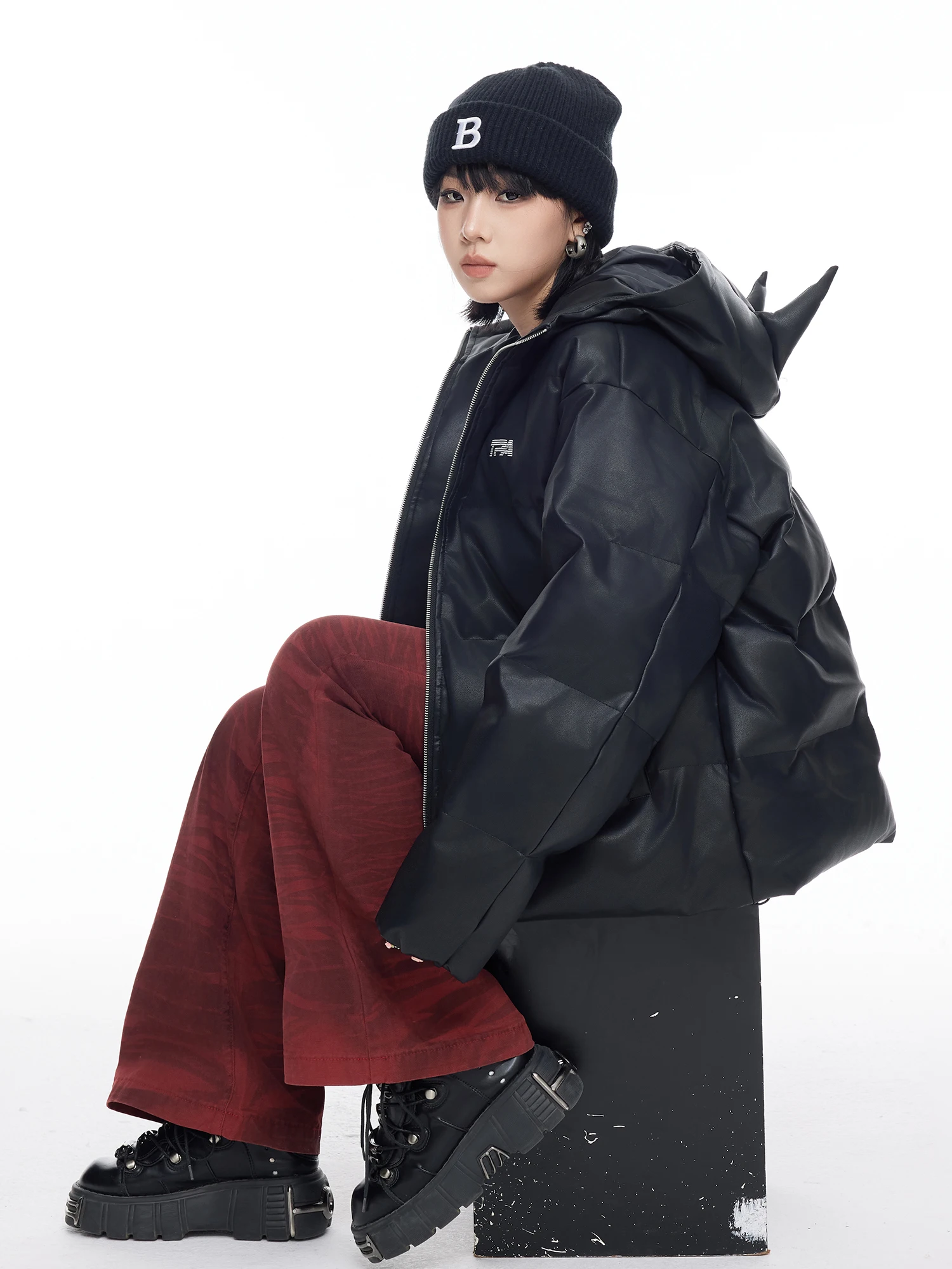 

American Design Thiened Bla PU Leather Cotton Jaet Women's Sle Winter Coat Bread Clothes Hooded Zipper Closure