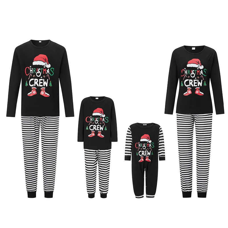 Family Matching Christmas Pajamas Set Letter Stripe Hat Print Holiday Pajamas Sleepwear Dad Mom Kids PJs