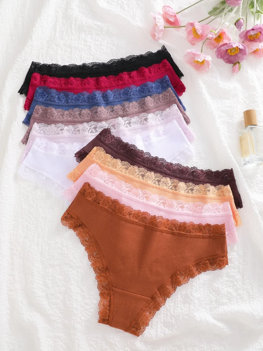 6 Stück/Set Baumwoll-Patchwork-Spitzenhöschen für Damen, einfarbig, atmungsaktiv, niedrige Taille, G-Strings, Unterwäsche, weiche, bequeme Tangas – Detail 6