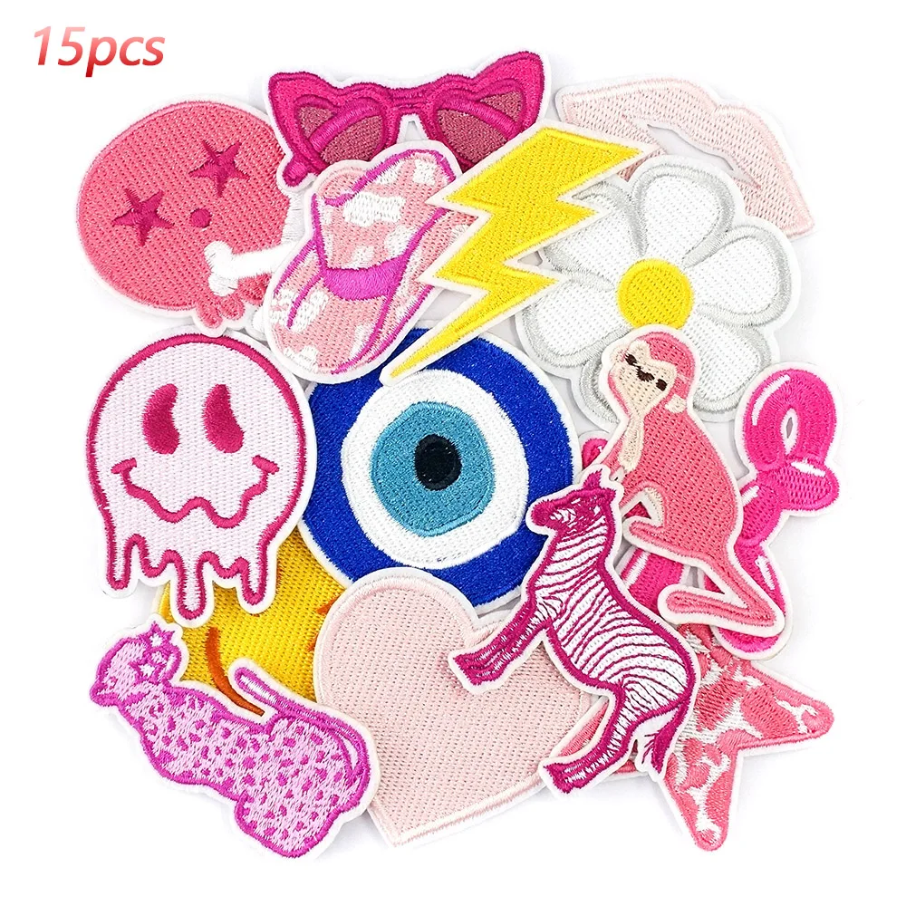 

15Pcs/Lot Pink Zebra Monkey Star Flower Patches Embroidery Applique Ironing Clothing Sewing Supplies Decorative Badges Patch