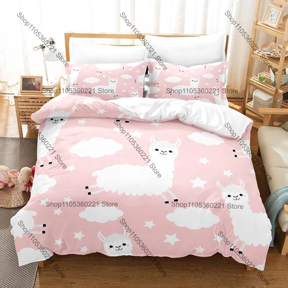 Kawaii Cartoon alpaca Three Piece Bedding Set Luxury Comforter Set with Queen King Size Including Cool animal household goods An