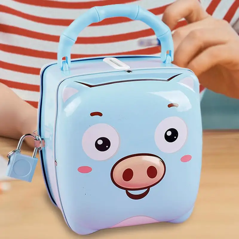Bespaar spaarpot voor kinderen Cartoon dier spaarpotten met sleutelslot Bureauornamenten Draagbare metalen container kinderkamer decor met