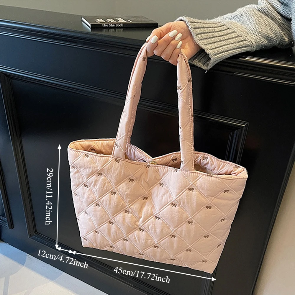 Large Capacity Lightweight Commuting Tote Bag, Autumn Winter Fashion Quilting Shoulder Bag,  Bow Embroidery Decorative Handbag view 5