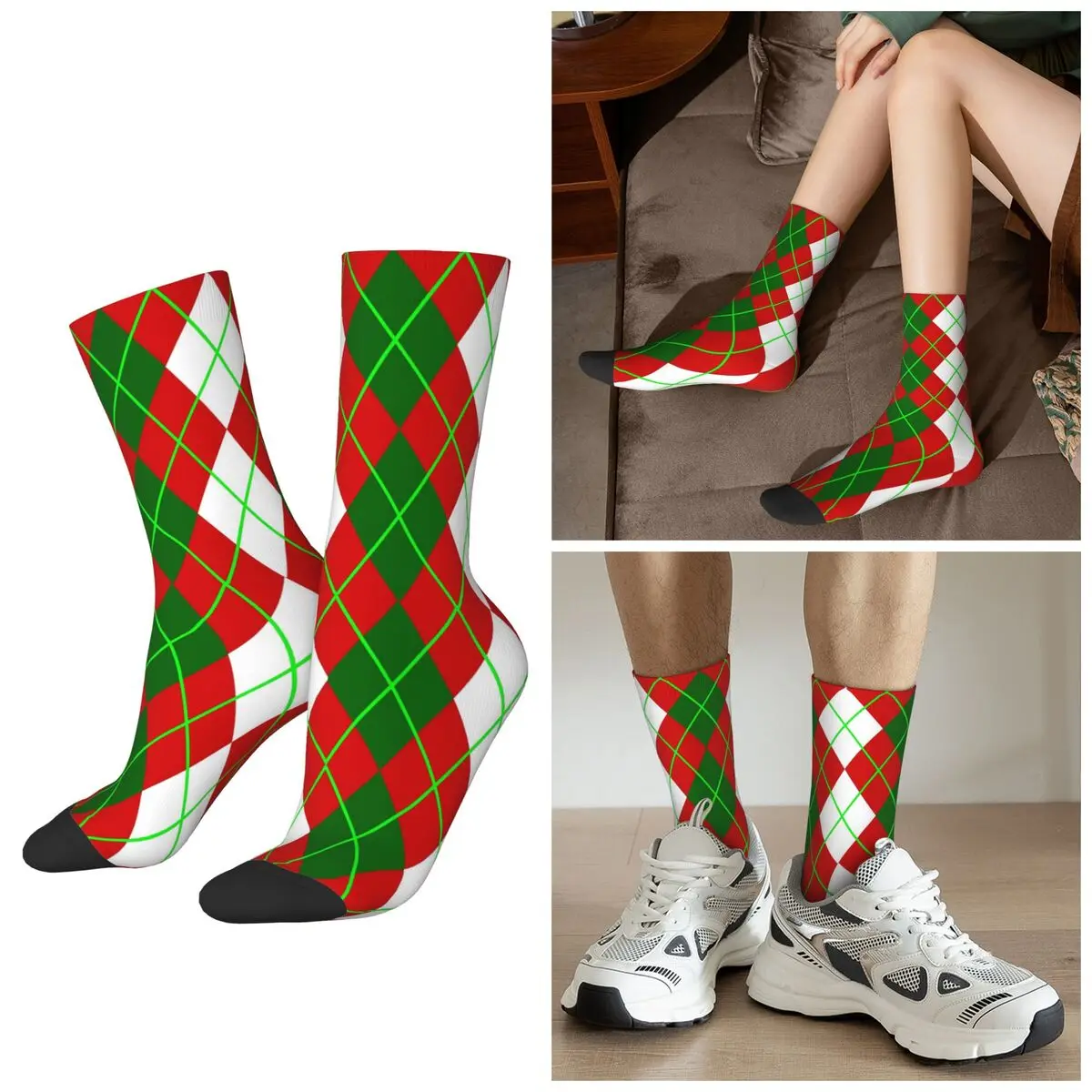 

Всесезонные рождественские красно-зеленые носки с ромбовидным узором в стиле Харадзюку, спортивные носки средней длины, высококачественные чулки для мужчин и женщин