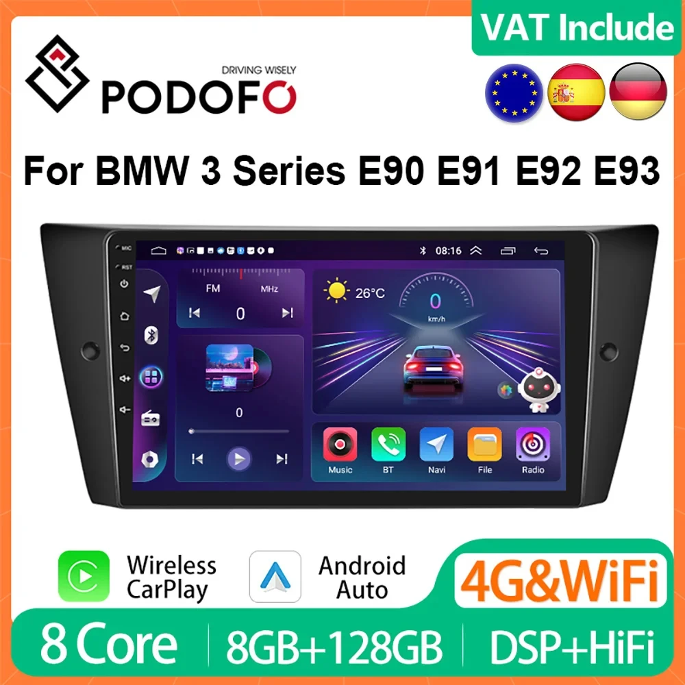 Podofo 8G 128G CarPlay Android Auto Car Radio For BMW E90 E91 E92 E93 2006-2012 Multimedia Player 4G Head Unit 2din GPS Stereo