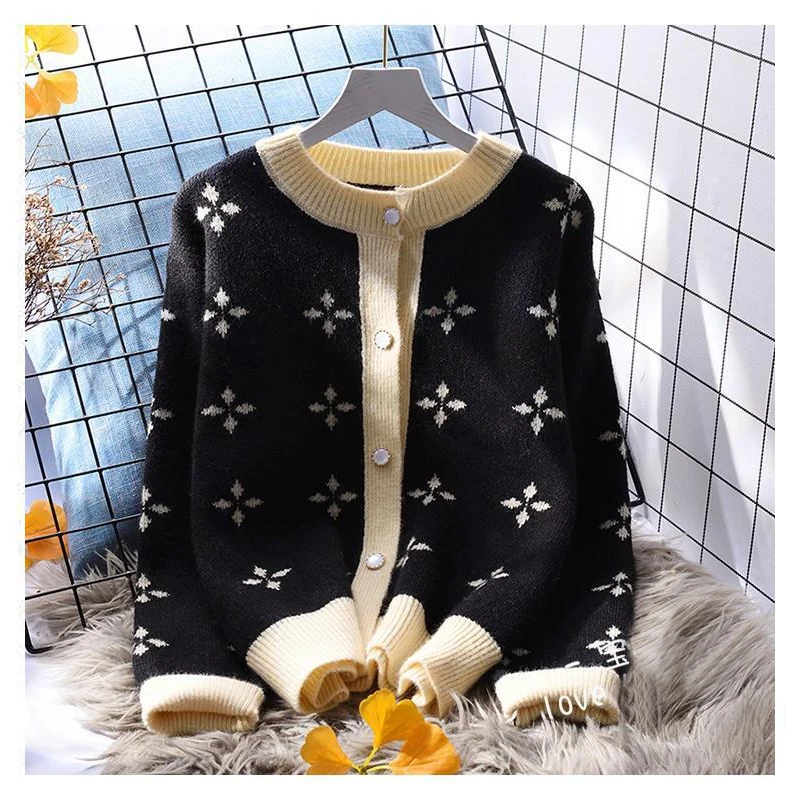 Women Korean Contrast Color Sweet Soft Button Knit Cardigan Spring Autumn Casual O Neck Long Sleeve Loose Sweaters Coats Clothes