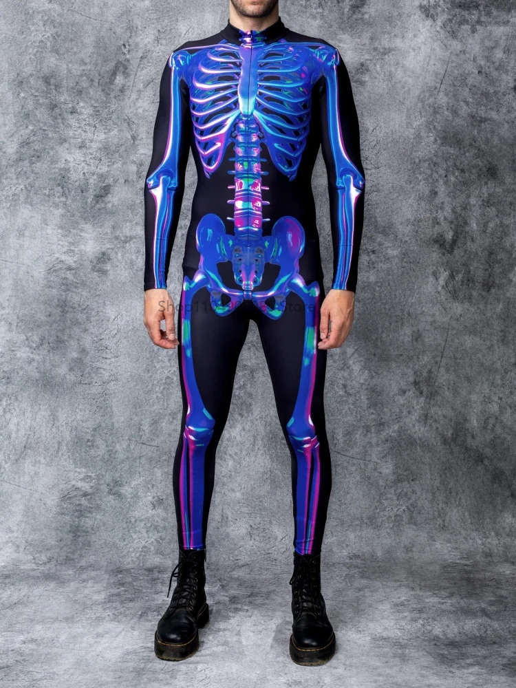 

Halloween Blue Skeleton Adult Cosplay One-piece Costume Men Stage Matching Jumpsuit Dance Party Outfit 2025