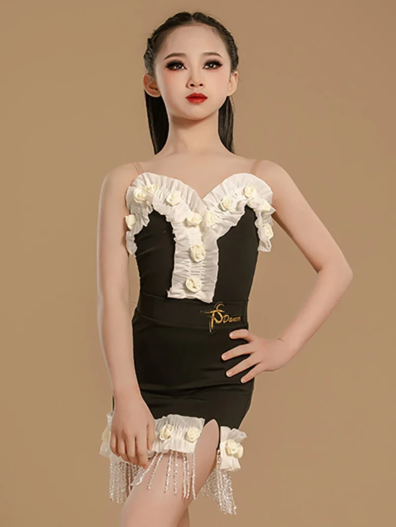 Traje de baile latino para niñas, Ropa de baile sin mangas, Espalda descubierta, mono de flores y faldas con borlas, vestidos de salón